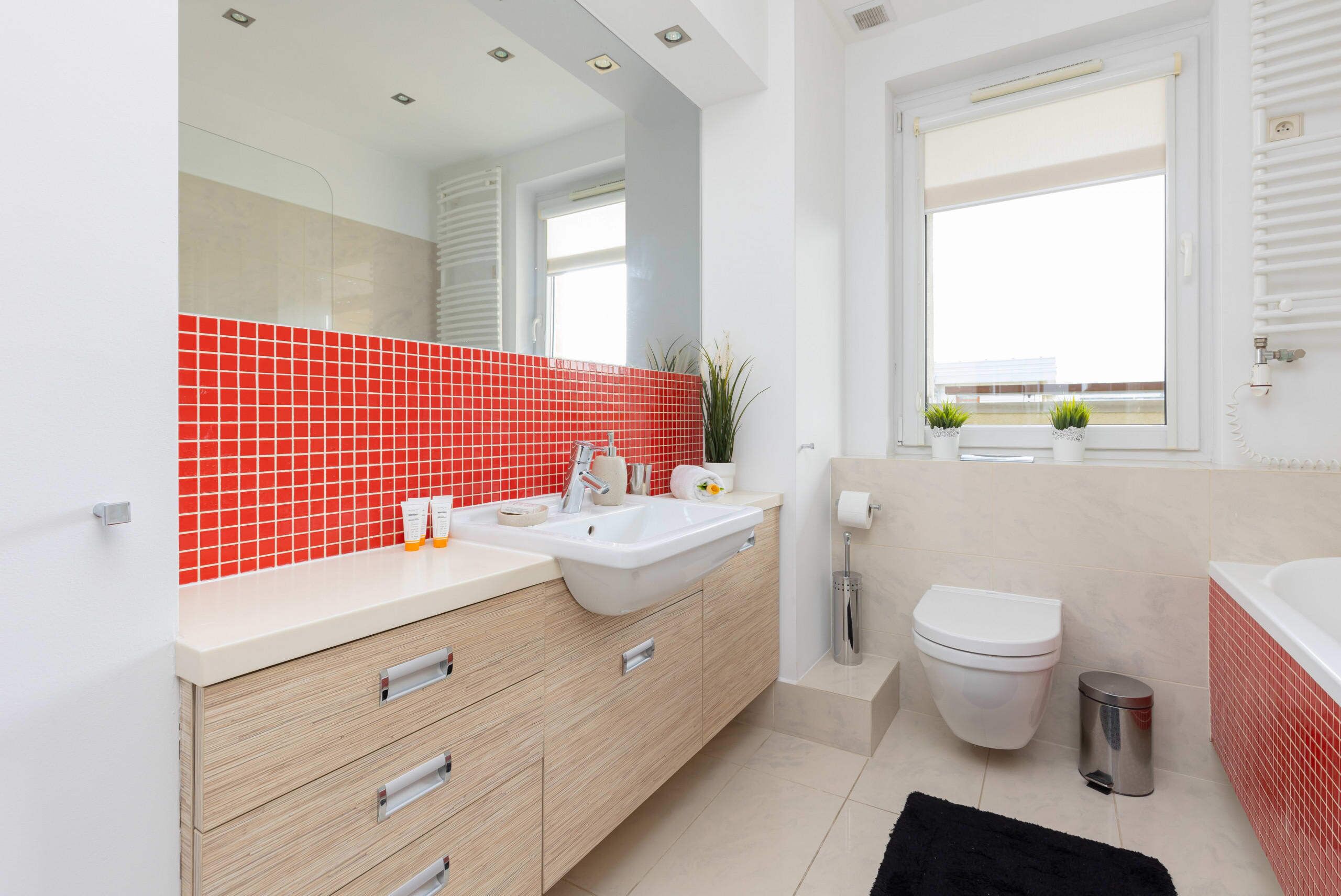 A modern bathroom with a red-tiled shower area, a white sink, and a toilet.