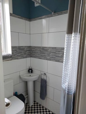 A bathroom with a white sink, a toilet, and a shower curtain.