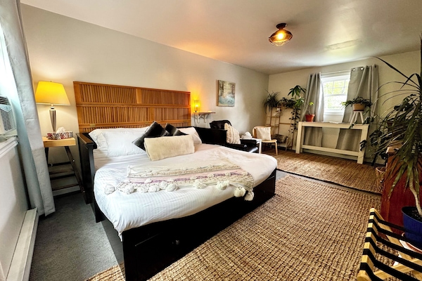 King bed, Roku TV, Netflix, seating area, dresser, A/C, blackout curtains.