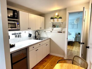 Fridge, microwave, coffee/tea maker, electric kettle