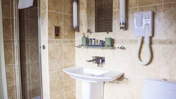 Een badkamer met een douche, wastafel en toilet.