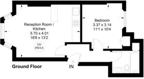 A floor plan of a hotel with a reception room/kitchen, bedroom, and ground floor layout.
