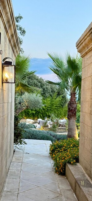 Un sentier de pierres mène à un jardin agrémenté de palmiers et offrant une vue sur la mer.