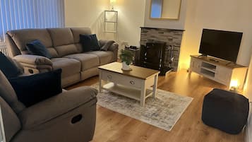 Smart TV, fireplace, stereo, computer monitors