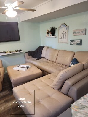 Televisio, DVD-soitin, kirjoja, musiikkikirjasto