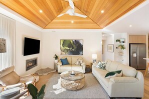 Fernseher, Kamin, Bücher, Arbeitsbereiche