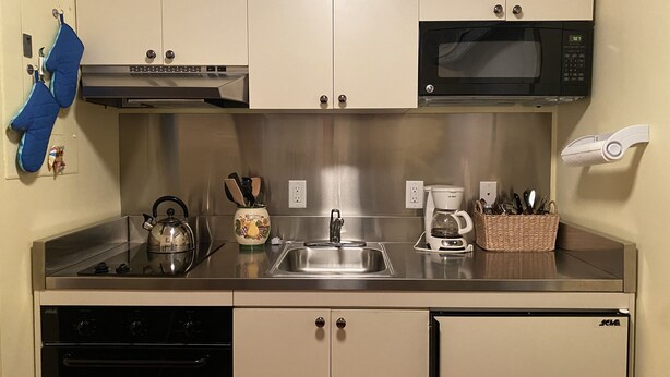 Een compacte keuken met roestvrijstalen apparatuur, een waterkoker, een koffiezetapparaat en een magnetron.