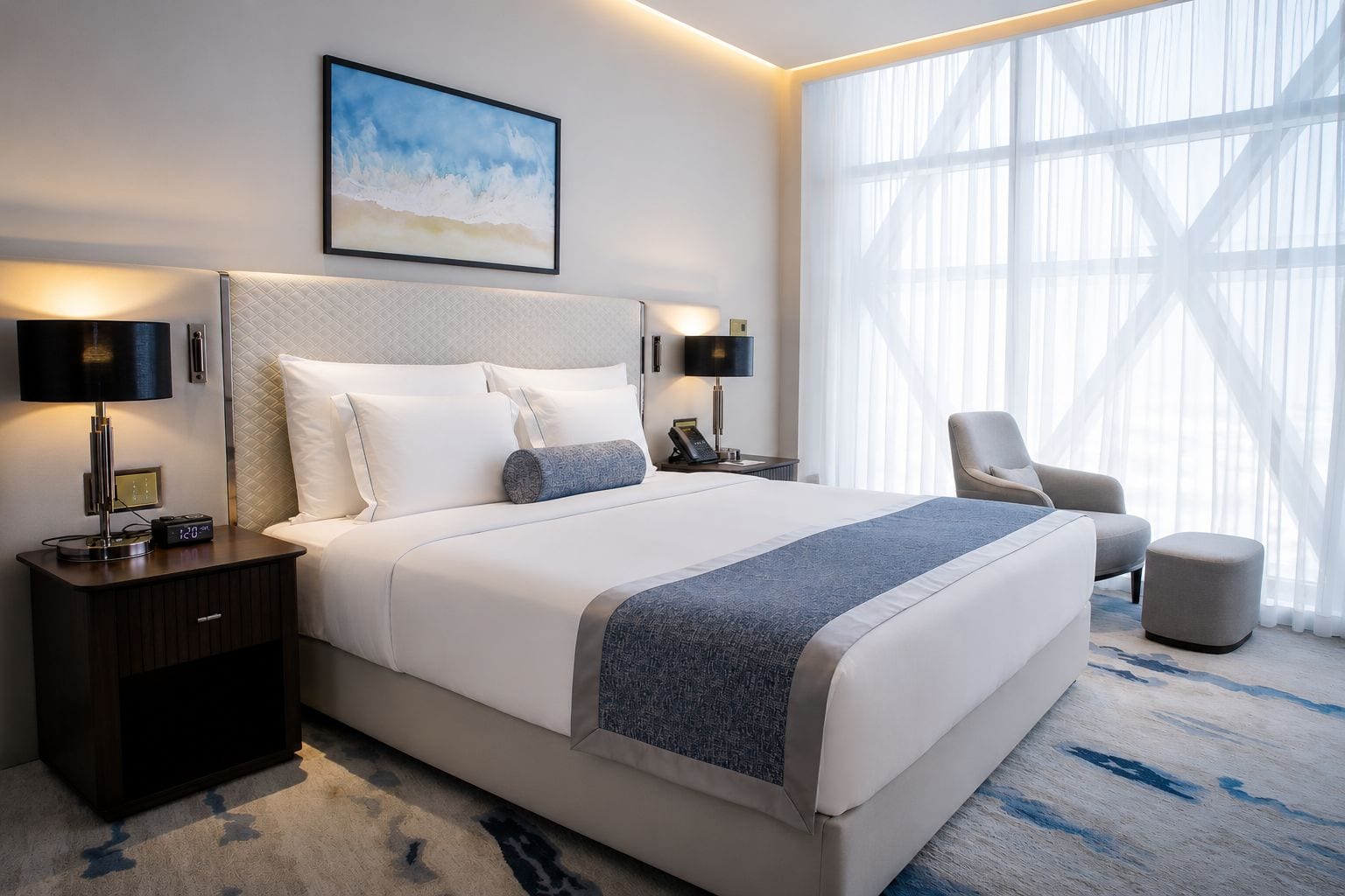 A hotel room with a large bed, bedside lamps, a chair, and a window with a view.