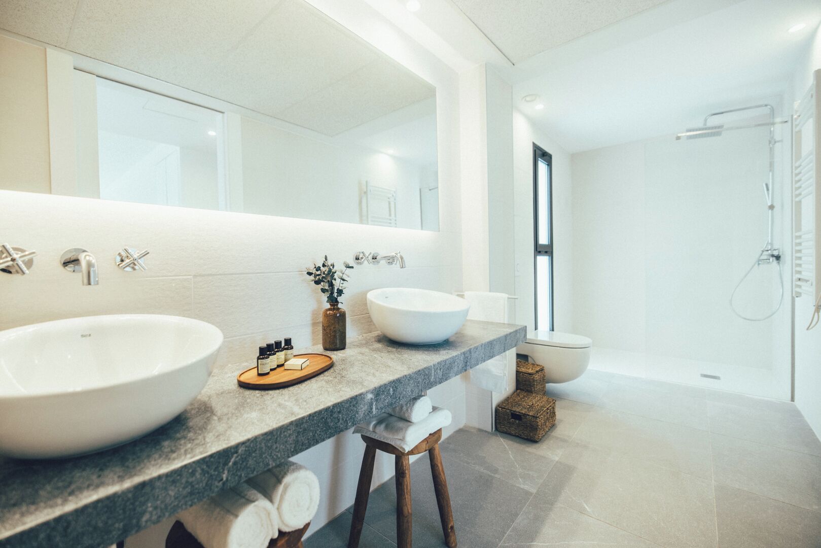 A modern bathroom with two large sinks, a mirror, and a shower area.