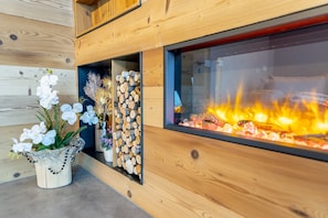Ein modernes Interieur mit einer Holzwand, einem Kamin aus Glas und einer dekorativen Pflanzenkomposition.
