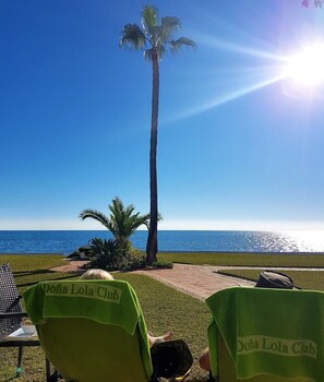 Vista de la playa con una palmera, océano y sillas con toallas que indican 'Doña Lola Club'.