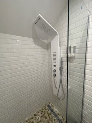 Regadera, secadora de cabello, toallas, shampoo