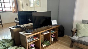 Un salon avec un meuble de rangement en bois pour les appareils électroniques, un téléviseur à écran plat, une console de jeux et un ventilateur.