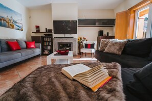 Télévision à écran plat, cheminée, table de tennis de table, livres