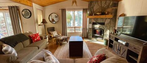 TV connectée, cheminée, livres