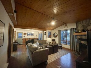 Smart TV, fireplace, books