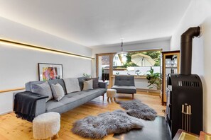 Télévision, cheminée, chaîne hi-fi