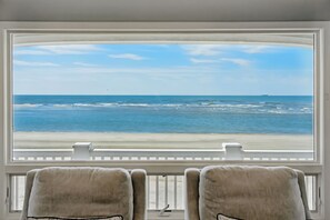 On the beach, sun loungers