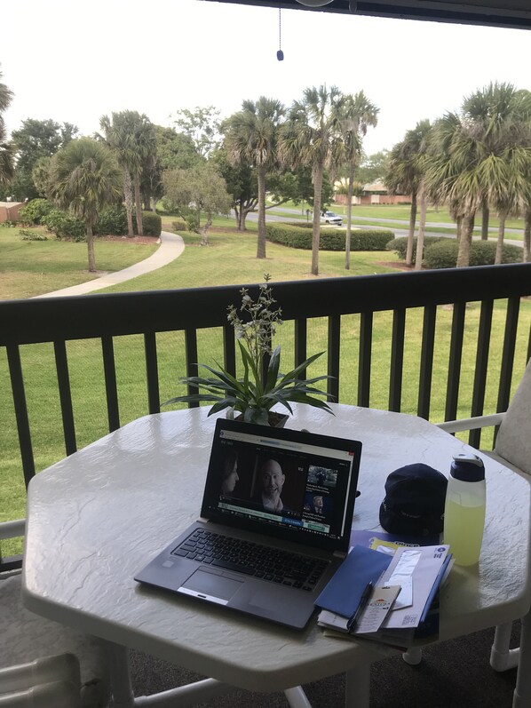 A laptop on a table with a plant, a water bottle, and some papers.