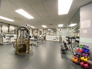 Stay fit on the go with our well-equipped gym featuring a range of exercise machines and free weights.