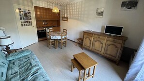 Un espace de vie compact comprenant un coin cuisine, une table à manger, un canapé, un téléviseur et un meuble de rangement.