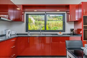 Fridge, microwave, oven, coffee/tea maker