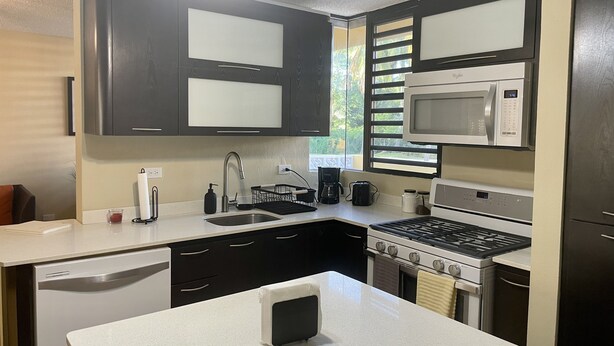 Una cocina moderna con armarios oscuros, un lavamanos de acero inoxidable, un microondas, una estufa y un lavavajillas.
