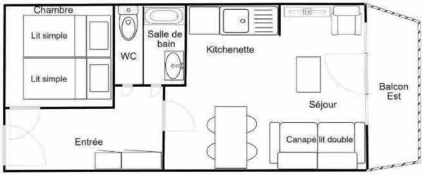 Un plan d’aménagement de chambre d’hôtel comprenant des toilettes, une cuisine, un balcon et un coin salon.