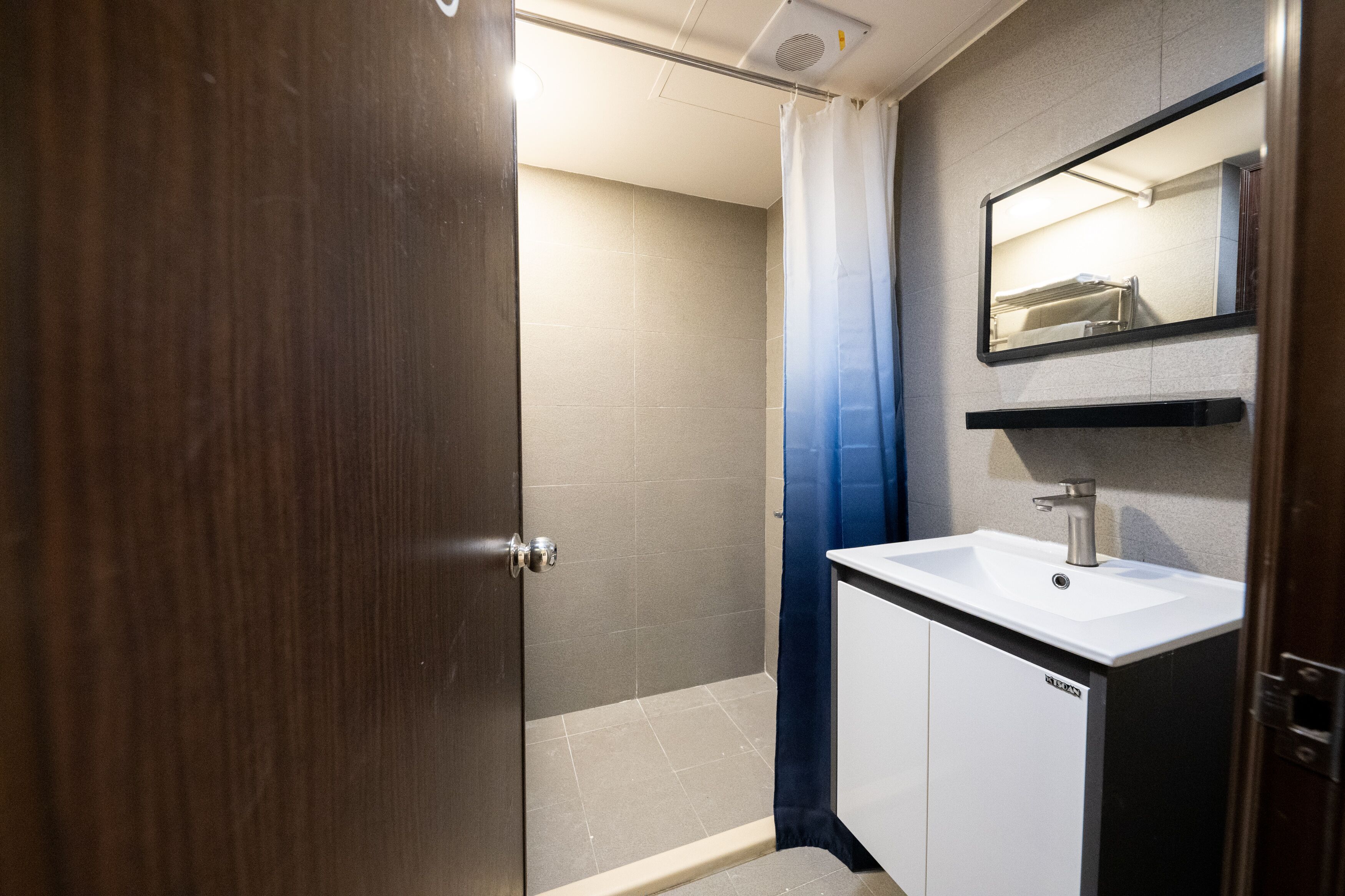 A modern bathroom with a shower, a sink, and a mirror.