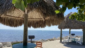 Un espace aménagé avec des sièges, situé au bord de la plage, doté de parasols en chaume, d’un barbecue et offrant une vue sur la mer.