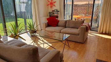 Älytelevisio, takka, kirjoja, videokirjasto