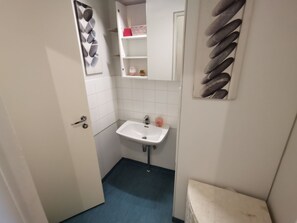 A bathroom with a white sink, a blue floor, a white door, and a mirror with a stone pattern.
