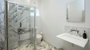 A modern bathroom with a glass-enclosed shower, a toilet, and a sink with a mirror above it.