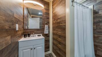 Shower, hair dryer, soap, shampoo