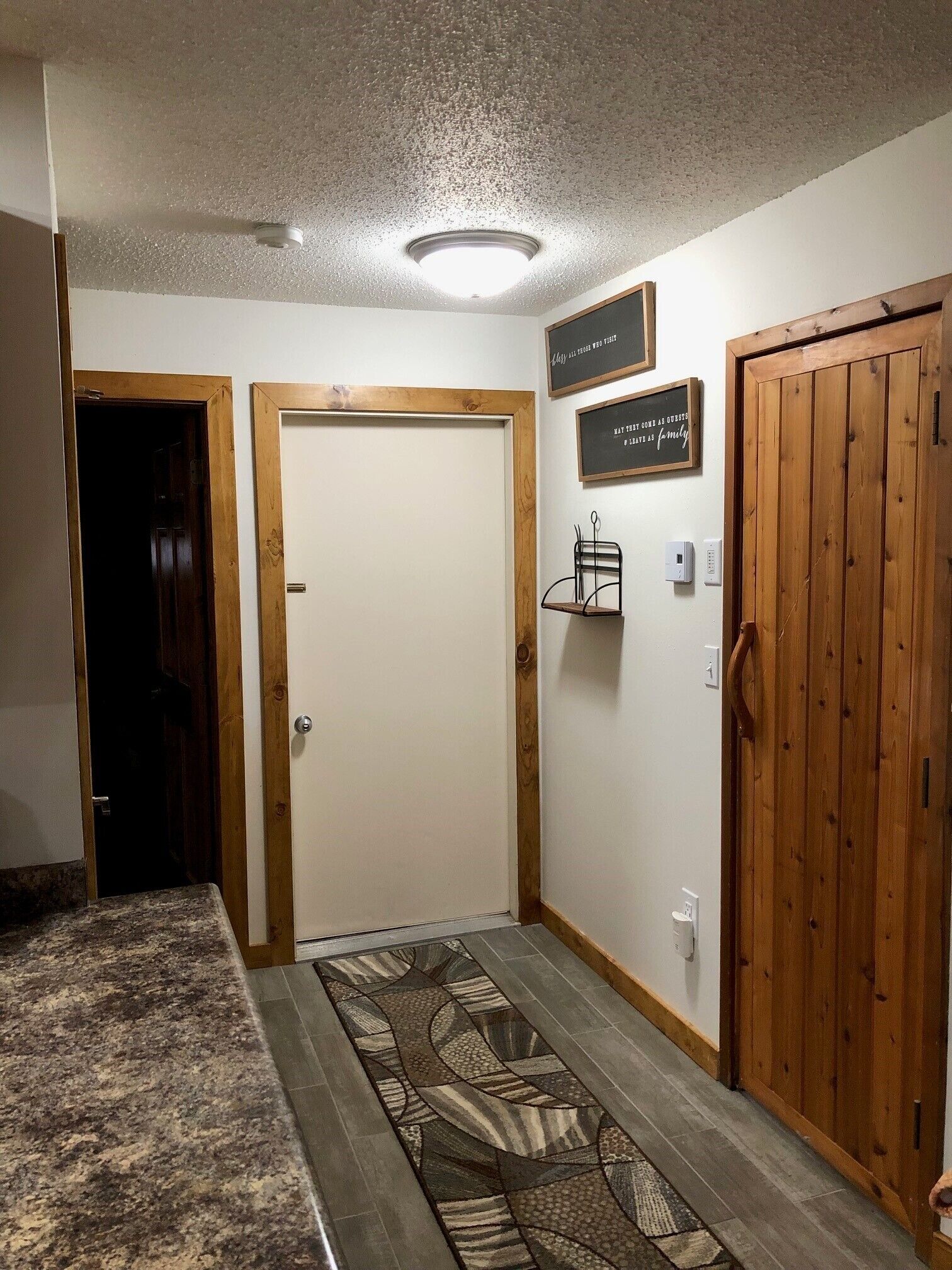 Un couloir avec un tapis à motifs, une porte blanche et une porte en bois. Il y a deux panneaux sur le mur et un luminaire au plafond.