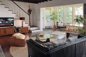 Smart TV, fireplace, books, music library