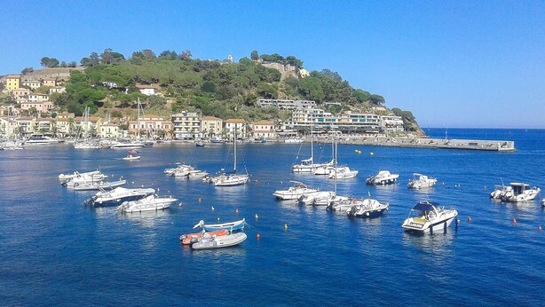 A coastal town with a marina filled with boats, buildings on a hillside, and a clear blue sky.