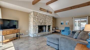 Smart TV, fireplace, books