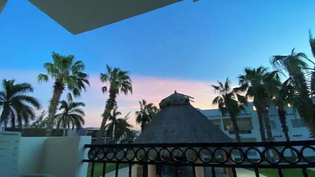 A balcony with a view of palm trees and a building with a thatched roof. - Apartament 2 beds+pool+gym+ petfriendly (Cabo San Lucas)