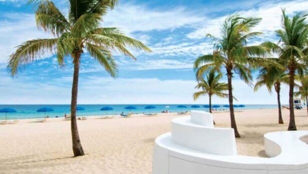 Een strand met palmbomen en een witte constructie met treden die naar een terras leiden.
