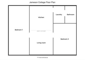 A floor plan of Jameson Cottage with Bedroom 1, Bedroom 2, a Kitchen, a Laundry area, a Bathroom, and a Living room.