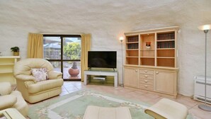 Una sala de estar con sofá, televisión, estantería y radiador.