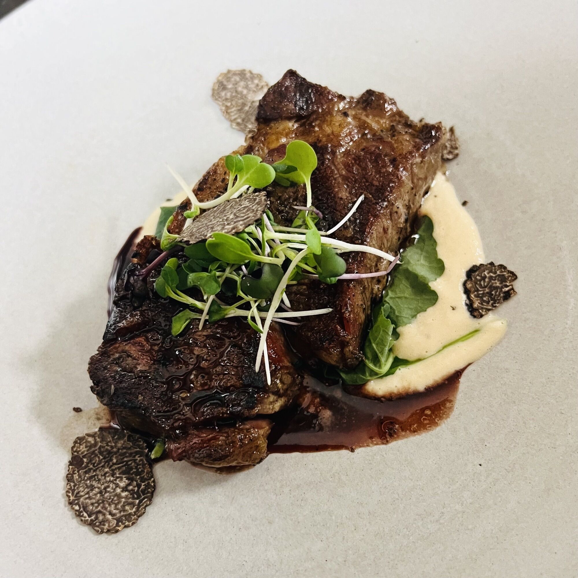 A dish with steak, greens, and a creamy sauce on a plate.