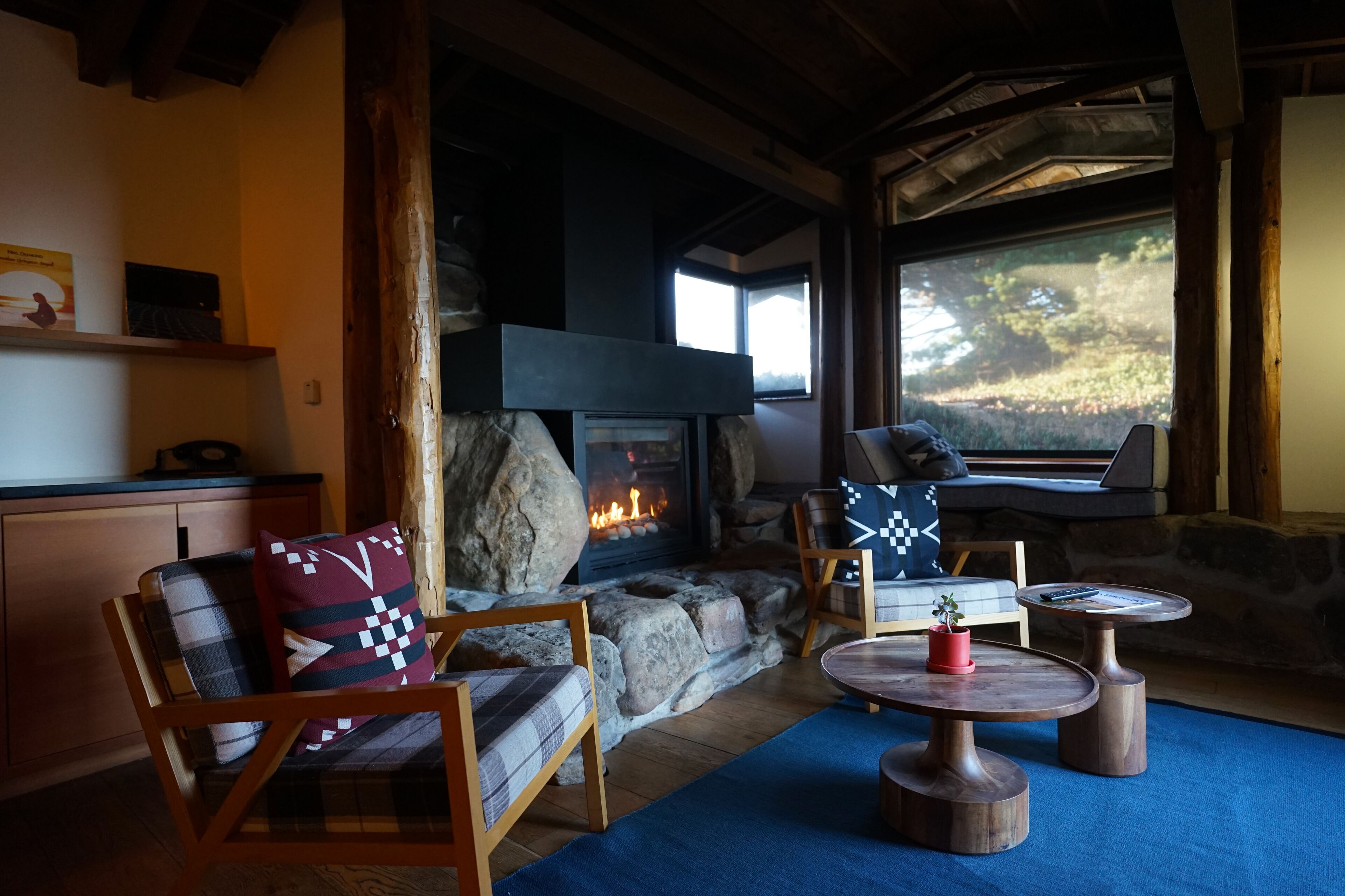 Un salón acogedor con chimenea de piedra, muebles de madera y vistas al exterior.