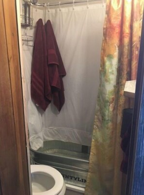 Combined shower/bathtub, hair dryer, towels, soap