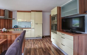 Fridge, stovetop, dishwasher, coffee/tea maker