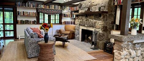 TV connectée, cheminée, livres