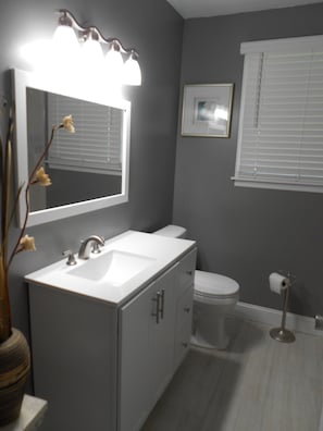 Duschwanne, Handtücher, Seife, Toilettenpapier