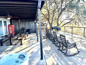Outdoor dining - Anchors Away - Lakefront Home w/Hot Tub, Amazing Views, Fire Pit & Huge Deck (Canyon Lake)
