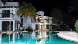 A modern two-story house with a swimming pool, surrounded by palm trees and other greenery. - Playacar Villa 10 pax ruins & beach (Playa del Carmen)